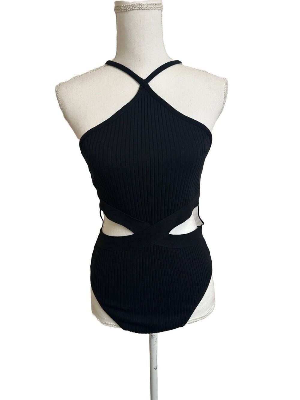 NWT Zara Women's L Black Ribbed Cotton Blend Cutout Bodysuit Snap Closure NEW